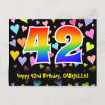 [ Thumbnail: 42nd Birthday: Fun Hearts Pattern, Rainbow 42 Postcard ]