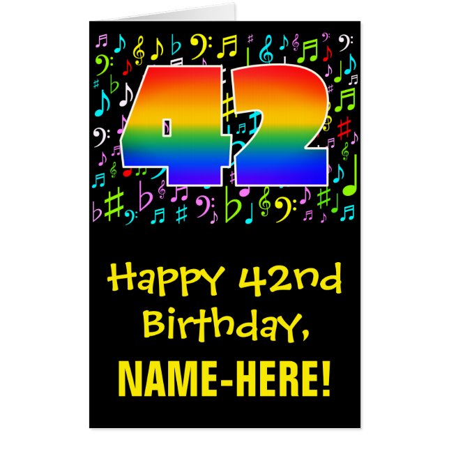 42nd Birthday: Fun Music Symbols + Rainbow # 42 Card (Front)