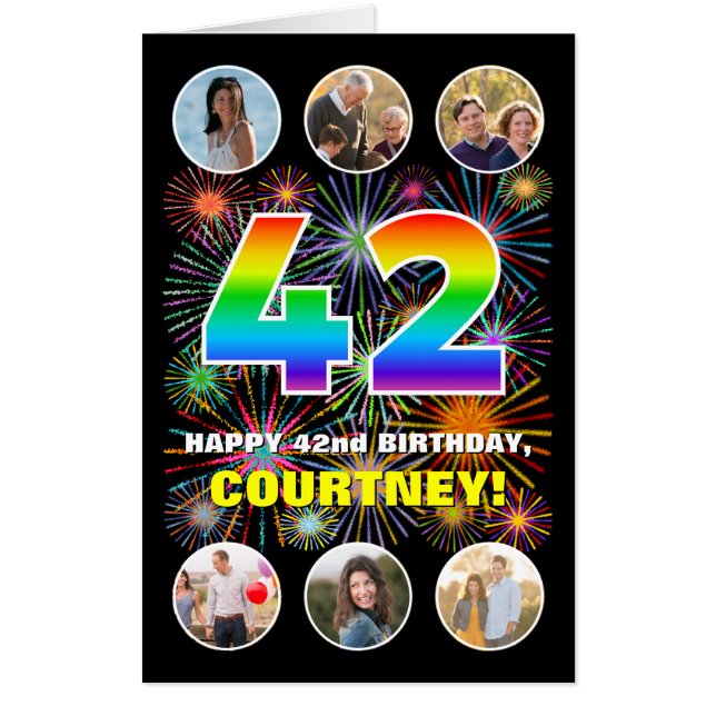 42nd Birthday: Fun Rainbow #, Custom Name + Photos Card (Front)