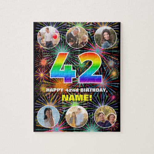 42nd Birthday Fun Rainbow  Custom Name  Photos Jigsaw Puzzle