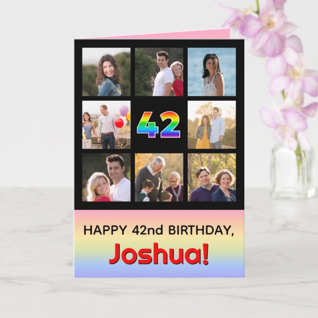 42nd Birthday: Fun Rainbow #, Custom Photos + Name Card (Orchid)