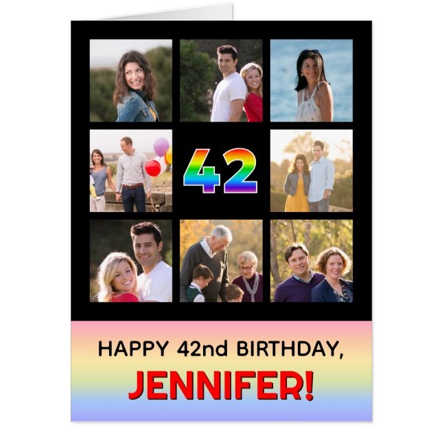 42nd Birthday: Fun Rainbow #, Custom Photos & Name Card (Front)