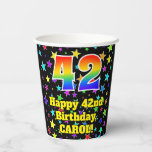 [ Thumbnail: 42nd Birthday: Fun Stars Pattern and Rainbow 42 Paper Cups ]