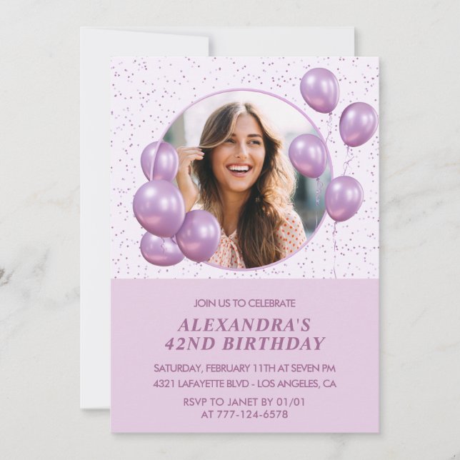 42nd birthday invitations Balloons Photo Purple (Front)