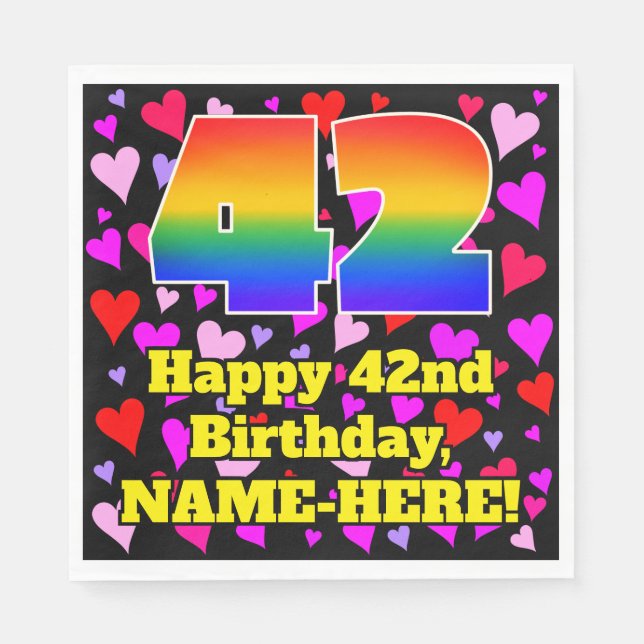42nd Birthday: Loving Hearts Pattern, Rainbow # 42 Napkins (Front)