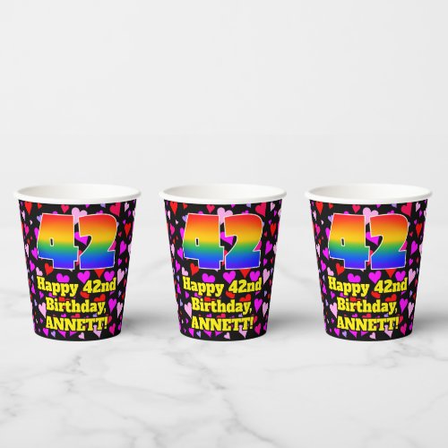 42nd Birthday Loving Hearts Pattern Rainbow 42 Paper Cups