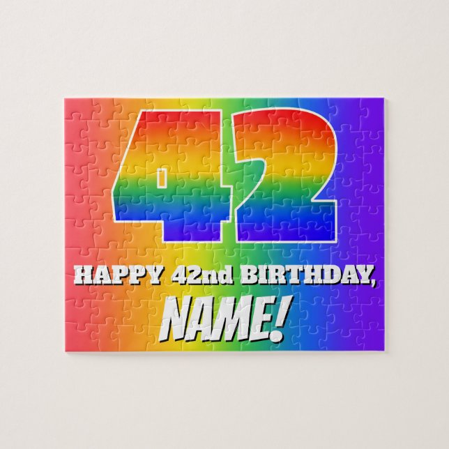 42nd Birthday — Multicolored Rainbow Pattern “42” Jigsaw Puzzle (Horizontal)