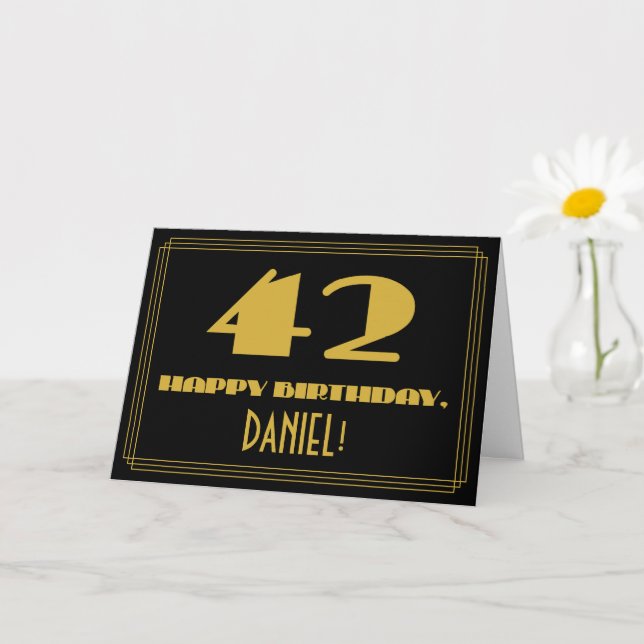 42nd Birthday: Name + Art Deco Inspired Look "42" Card (Small Plant)