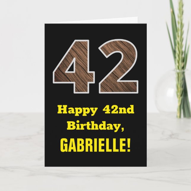 42nd Birthday: Name, Faux Wood Grain Pattern "42" Card (Front)