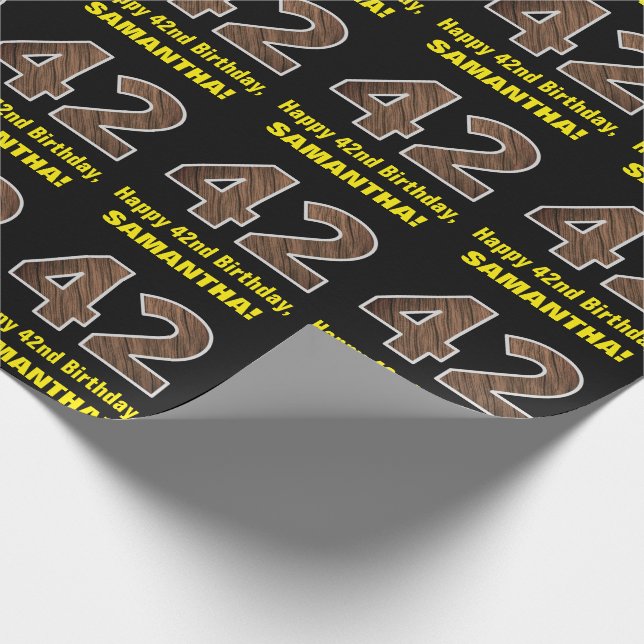 42nd Birthday: Name & Faux Wood Grain Pattern "42" Wrapping Paper (Corner)