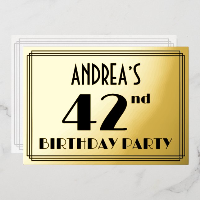 42nd Birthday Party — Art Deco Look “42” + Name Foil Invitation (Front/Back)