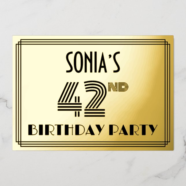 42nd Birthday Party — Art Deco Style “42” & Name Foil Invitation (Front)
