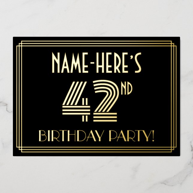 42nd Birthday Party — Art Deco Style “42” + Name Foil Invitation (Front)