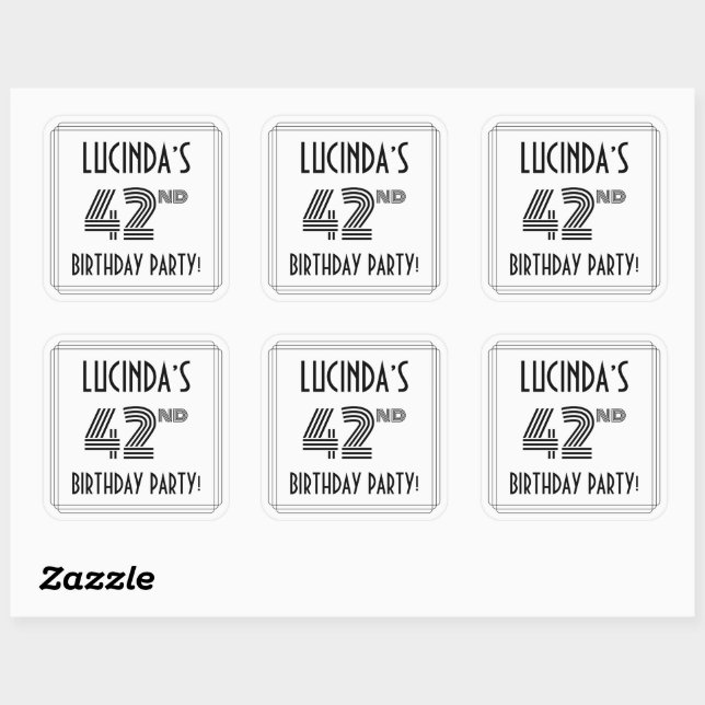 42nd Birthday Party: Art Deco Style + Custom Name Square Sticker (Sheet)