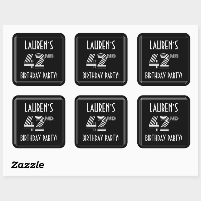 42nd Birthday Party: Art Deco Style & Custom Name Square Sticker (Sheet)