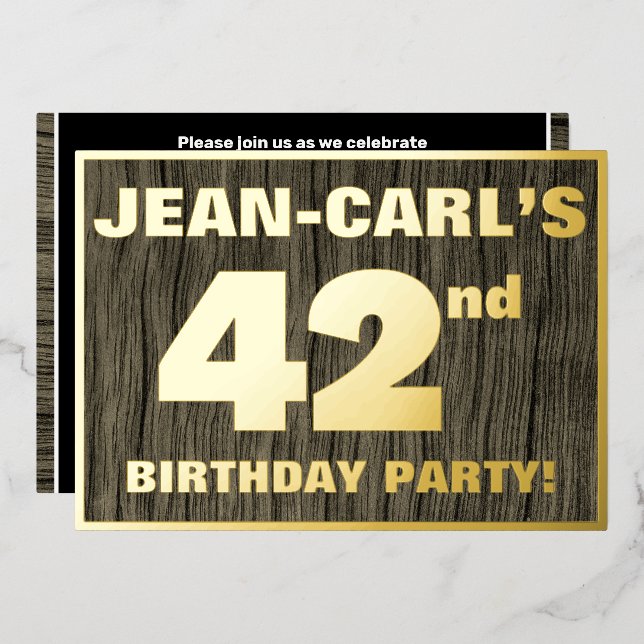 42nd Birthday Party: Bold, Faux Wood Grain Pattern Foil Invitation (Front/Back)