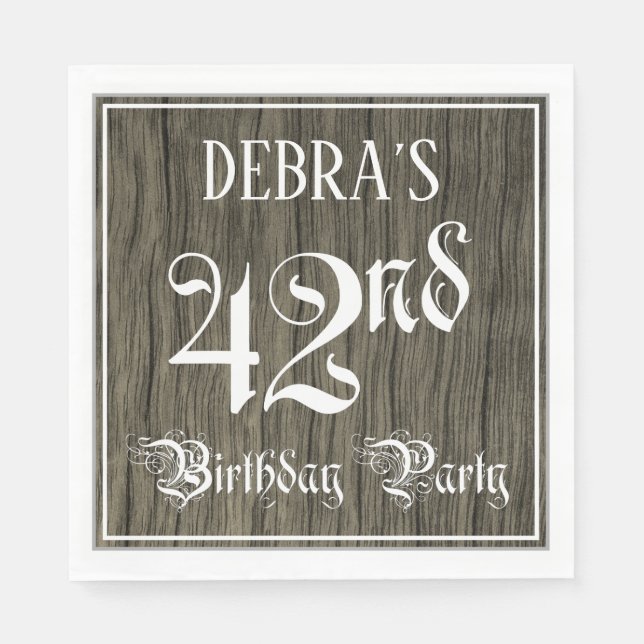 42nd Birthday Party — Fancy Script, Faux Wood Look Napkins (Front)