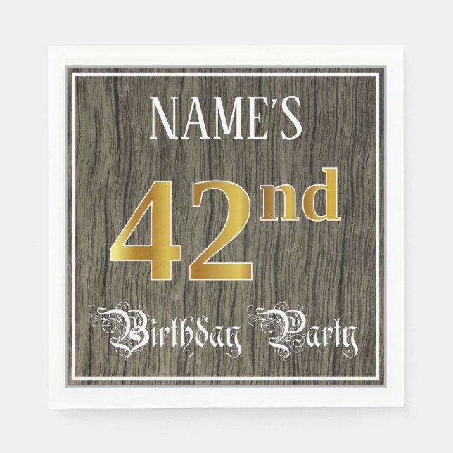 42nd Birthday Party — Faux Gold & Faux Wood Looks Napkins (Front)