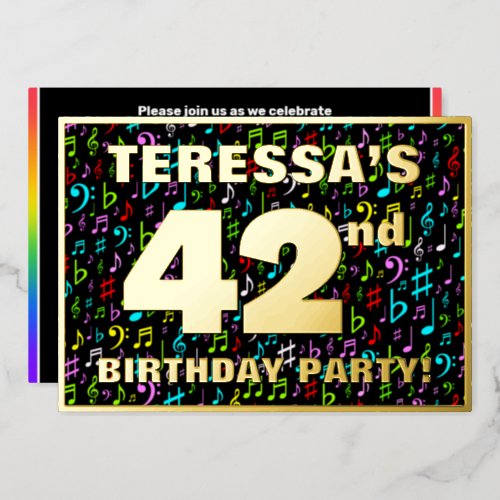 42nd Birthday Party â Fun Colorful Music Symbols Foil Invitation