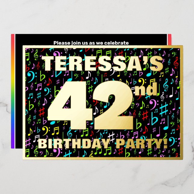 42nd Birthday Party — Fun, Colorful Music Symbols Foil Invitation (Front/Back)