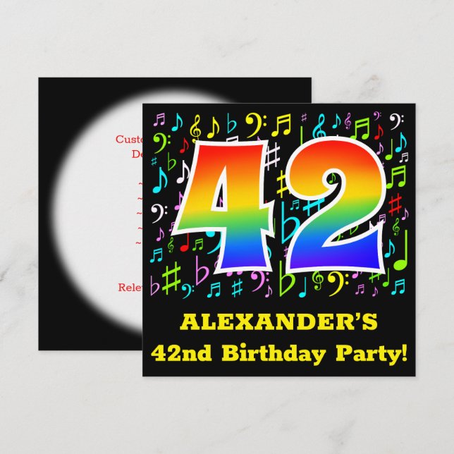 42nd Birthday Party: Fun Music Symbols, Rainbow 42 Invitation (Front/Back)
