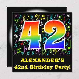 42nd Birthday Party: Fun Music Symbols, Rainbow 42 Invitation