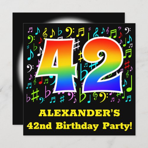 42nd Birthday Party Fun Music Symbols Rainbow 42 Invitation