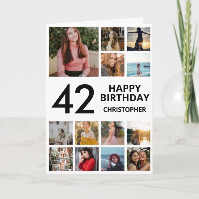 42nd Birthday Photo Collage 13 Photos Black White Card (Front)