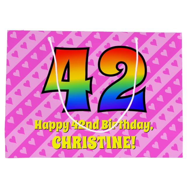 42nd Birthday: Pink Stripes & Hearts, Rainbow # 42 Large Gift Bag (Back)