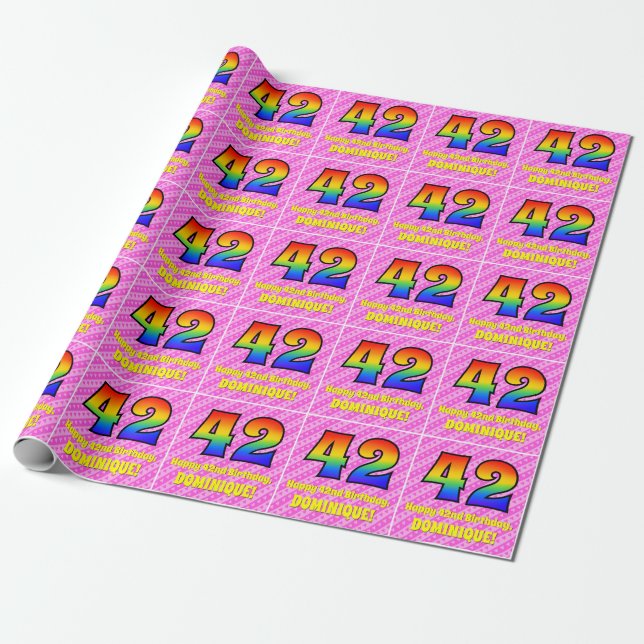42nd Birthday: Pink Stripes & Hearts, Rainbow # 42 Wrapping Paper (Unrolled)
