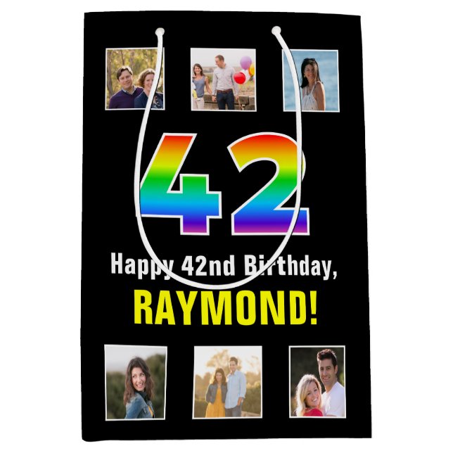 42nd Birthday: Rainbow “42“, Custom Photos & Name Medium Gift Bag (Front)
