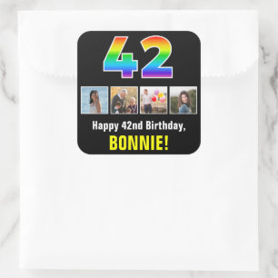 42nd Birthday: Rainbow “42”; Custom Photos & Name Square Sticker