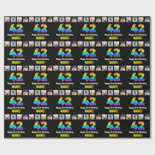 42nd Birthday: Rainbow “42“; Custom Photos & Name Wrapping Paper