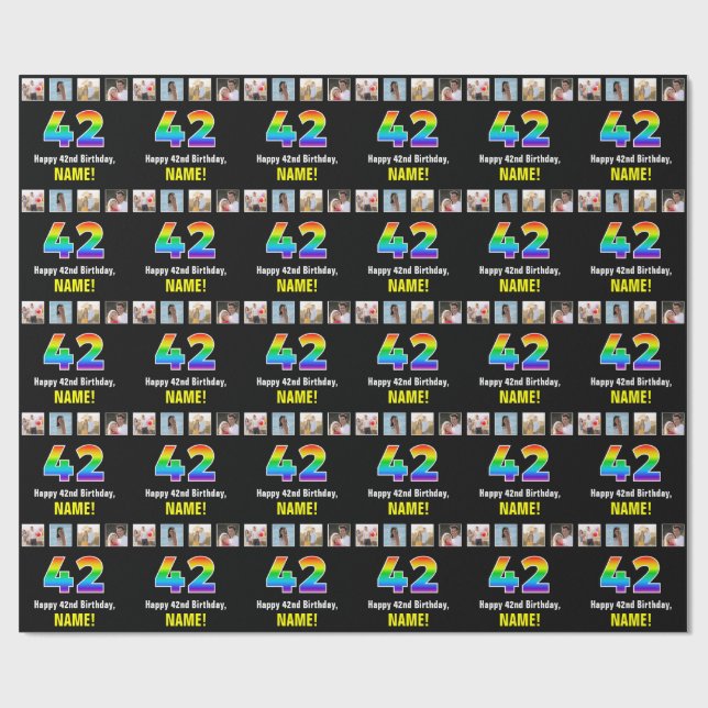 42nd Birthday: Rainbow “42“; Custom Photos & Name Wrapping Paper (Flat)