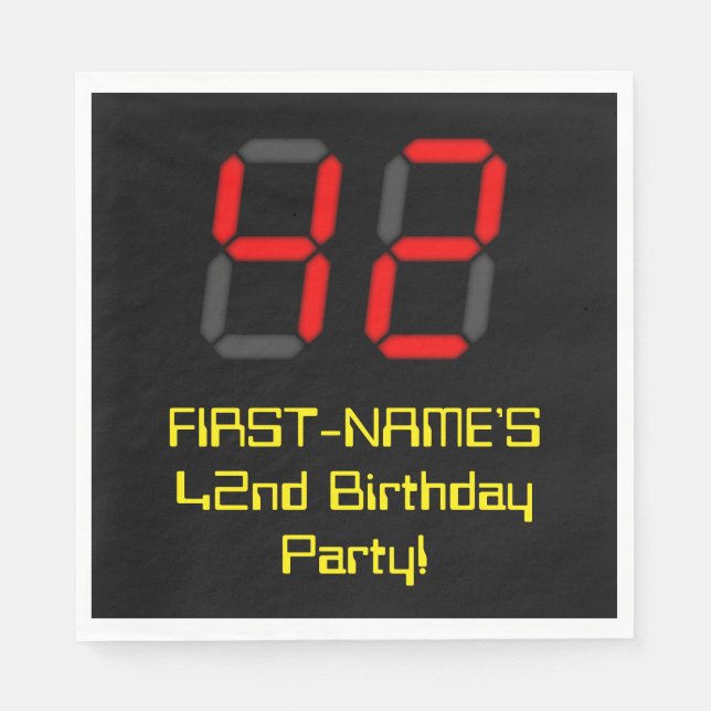 42nd Birthday: Red Digital Clock Style "42" + Name Napkins (Front)