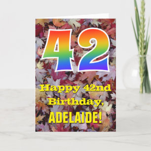 42nd Birthday; Rustic Autumn Leaves; Rainbow "42" Card