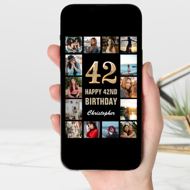 42nd Happy Birthday Black and Gold Photo Collage Card (Front Digital)