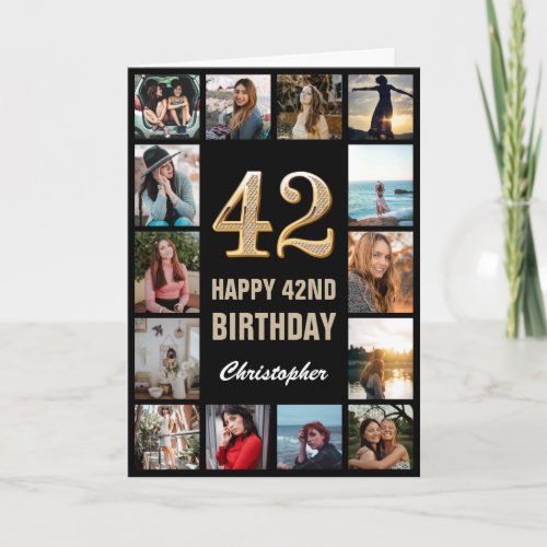42nd Happy Birthday Black and Gold Photo Collage Card
