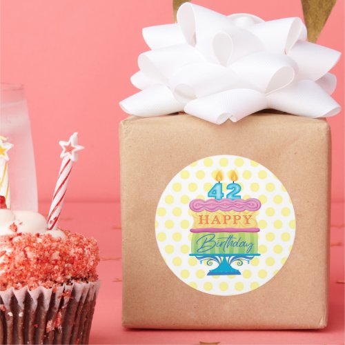 42nd Happy Birthday Cake Yellow Dots Classic Round Sticker