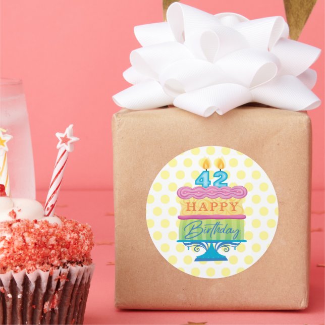 42nd Happy Birthday Cake Yellow Dots Classic Round Sticker (Party)