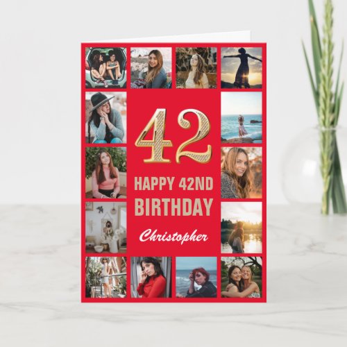 42nd Happy Birthday Red and Gold Photo Collage