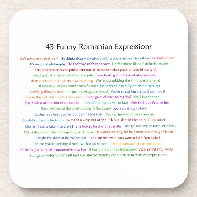 43 Funny Romanian Expressions Conversation Piece  Beverage Coaster (Front)