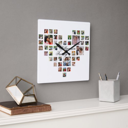 43 photo collage heart  white modern  square wall clock