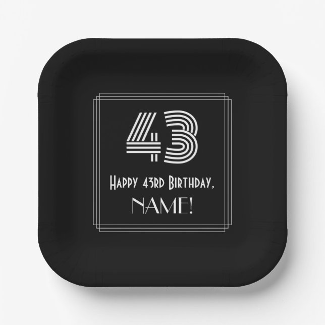 43rd Birthday — Art Deco Inspired Look “43” + Name Paper Plates (Front)