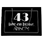[ Thumbnail: 43rd Birthday: Art Deco Inspired Style "43", Name Gift Bag ]