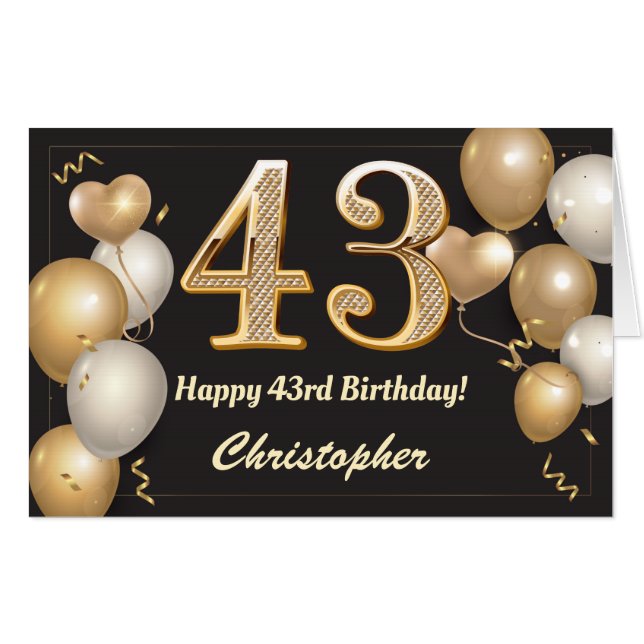 43rd Birthday Black and Gold Balloons Extra Large Card (Front Horizontal)