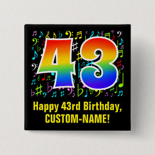 43rd Birthday: Colorful Music Symbols, Rainbow 43 Button
