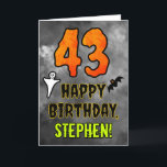 43rd Birthday: Eerie Halloween Theme   Custom Name Card<br><div class="desc">The front of this spooky and scary Halloween themed birthday greeting card design features a large number “43” and the message “HAPPY BIRTHDAY, ”, plus a customizable name. There are also depictions of a bat and a ghost on the front. The inside features a customizable birthday greeting message, or could...</div>