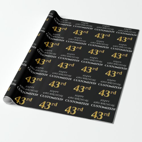 43rd Birthday Elegant Black Faux Gold Look Wrapping Paper