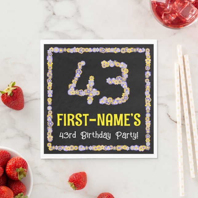 43rd Birthday: Floral Flowers Number, Custom Name Napkins (Insitu)